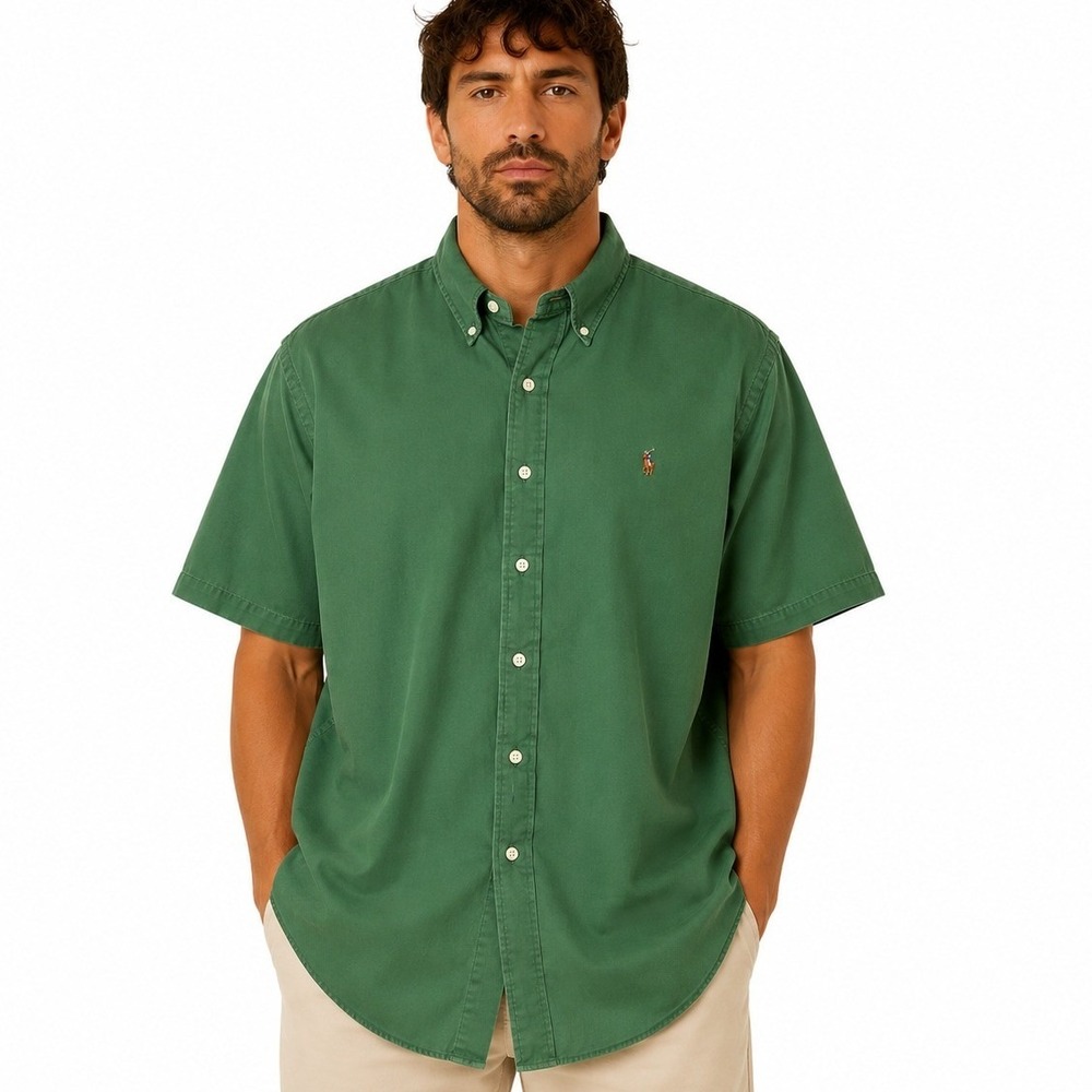 Ralph Lauren Button Down Shirt Mens XXL Green Blake Short Sleeve Cotton Pony